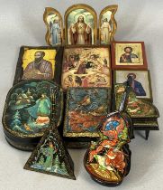 RUSSIAN LACQUERWORK BOXES & REPRODUCTION ICONS COLLECTIONS, 10 items, including 5 x hand painted
