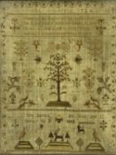 EARLY 19TH CENTURY NEEDLEWORK PICTORIAL SAMPLER, worked by Jane Burnett, aged 12, dated January 31st