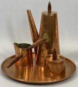 RETRO ARGY COPPER FOUR-PIECE COFFEE SET, teapot of tapering design with wooden side handle and