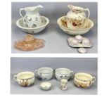 TWO VICTORIAN POTTERY WASH SETS & TWO DRESSING TABLE PART SETS, the wash sets comprising water