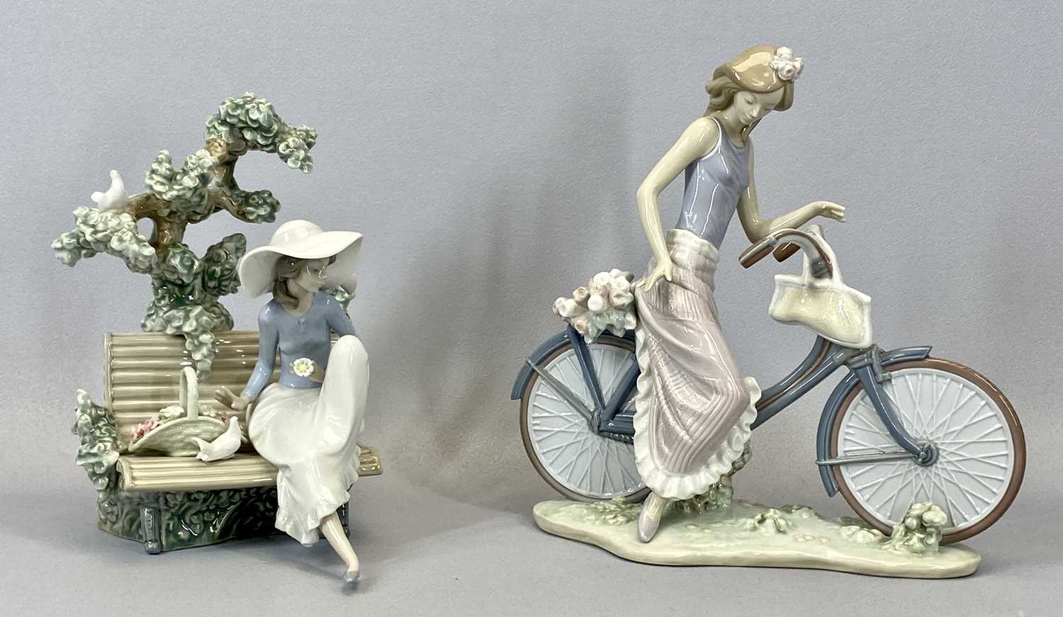SIX LLADRO FIGURINES, girl on bicycle, 26cms H, ballet dancers, 24cms H, girl seated on bench, 23cms - Image 2 of 4