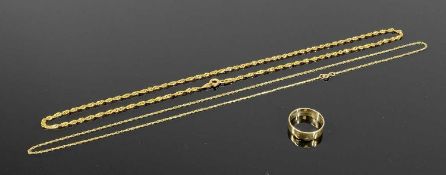 9CT YELLOW GOLD WEDDING BAND, size N, a 9ct yellow gold curb link necklace, 45cms L, 9ct yellow gold