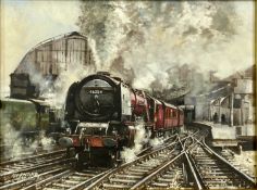 BERNARD R JONES (British, 20th Century) oil on canvas - steam train at station, titled verso '