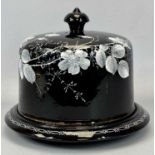 ROSSLYN JET VICTORIA BLACK POTTERY CHEESE DOME & BASE with enamelled floral decoration, 23cms