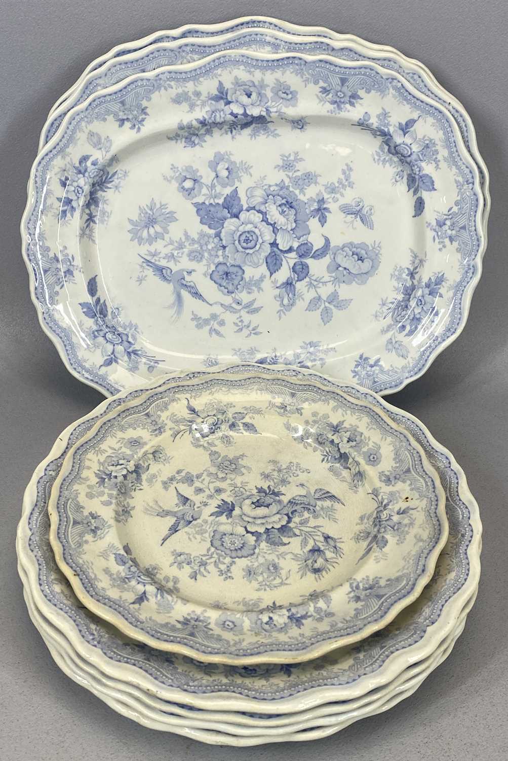 THREE STAFFORDSHIRE BLUE & WHITE TRANSFER DECORATED ASIATIC PHEASANT PATTERN OVAL PLATES, with 5 x - Image 6 of 6