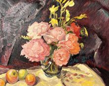 PHILLIPA JACOBS (British, 20th century) oil on canvas - titled verso 'Peonies in a glass bowl',