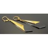 PAIR OF YELLOW METAL & BLACK LACQUER PENDANT EARRINGS of geometric triangular form, marked '750',
