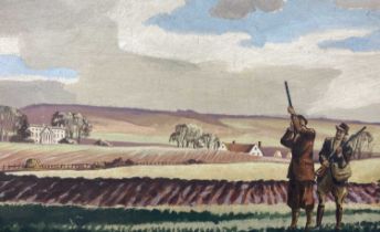 1920s BRITISH SCHOOL oil on board - huntsman and loader in field, country house beyond, unsigned, 34