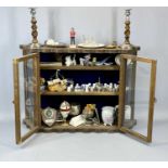 WOODEN TRINKET CABINET & CONTENTS including a collection of thimbles, one being Chester hallmarked