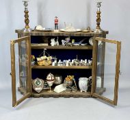 WOODEN TRINKET CABINET & CONTENTS including a collection of thimbles, one being Chester hallmarked