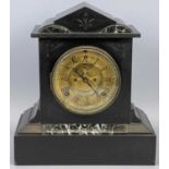 LATE 19TH CENTURY BLACK SLATE & MARBLE MANTEL CLOCK, of architectural form, circular gilded dial