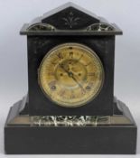 LATE 19TH CENTURY BLACK SLATE & MARBLE MANTEL CLOCK, of architectural form, circular gilded dial