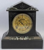 LATE 19TH CENTURY BLACK SLATE & MARBLE MANTEL CLOCK, of architectural form, circular gilded dial