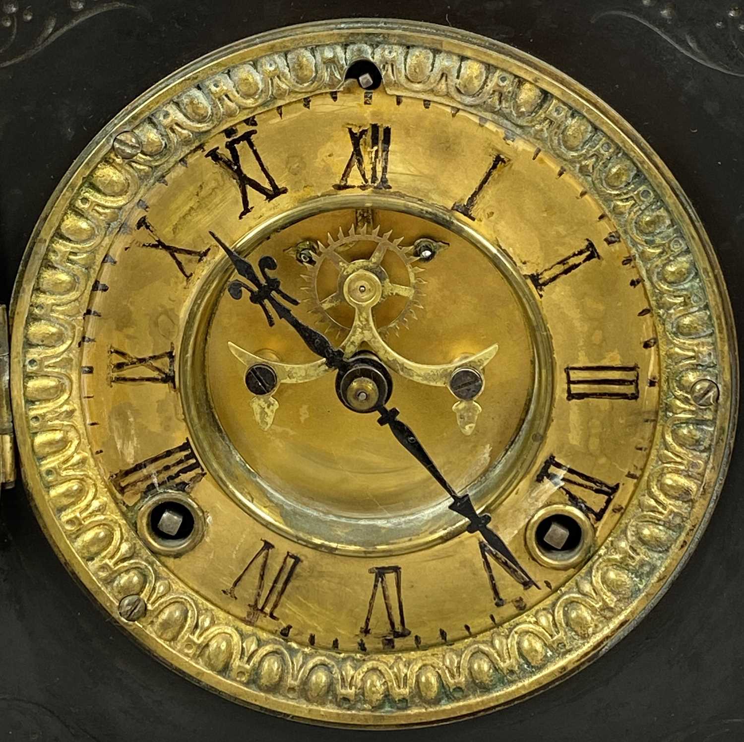 LATE 19TH CENTURY BLACK SLATE & MARBLE MANTEL CLOCK, of architectural form, circular gilded dial - Image 2 of 5