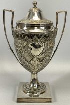 IMPRESSIVE GEORGE III SILVER LIDDED TWO-HANDLED HORSE RACING TROPHY, the main body chased with a