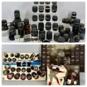 PHOTOGRAPHY EQUIPMENT: SELECTION OF LENSES, standard, wide angle and telephoto, Nikkor, Pentax,
