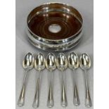 SET OF SIX IRISH SILVER RAT-TAIL TEASPOONS & MODERN SILVER WINE COASTER spoons marked for Dublin,