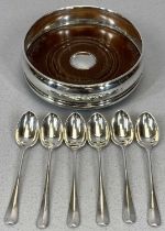 SET OF SIX IRISH SILVER RAT-TAIL TEASPOONS & MODERN SILVER WINE COASTER spoons marked for Dublin,