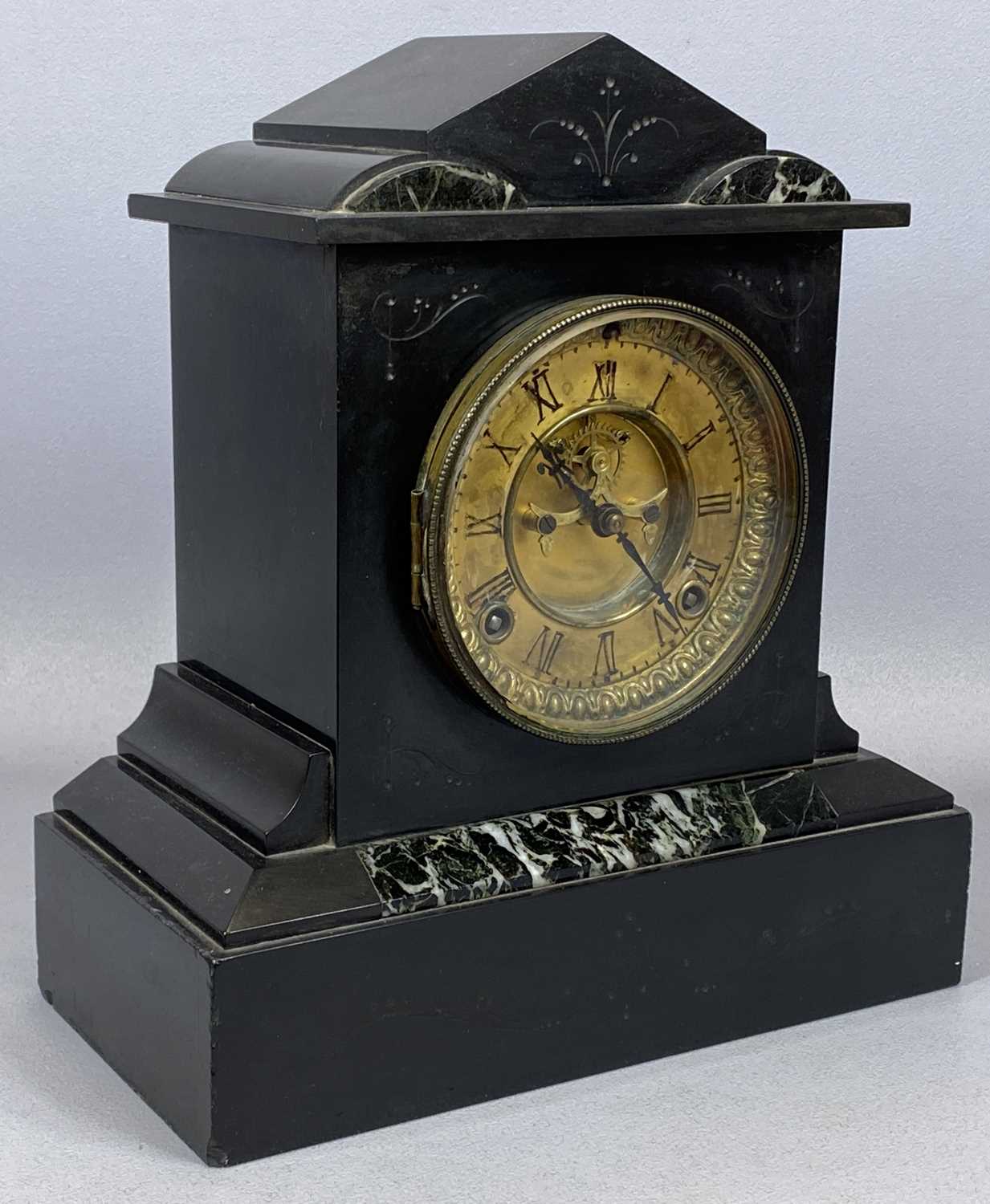 LATE 19TH CENTURY BLACK SLATE & MARBLE MANTEL CLOCK, of architectural form, circular gilded dial - Image 5 of 5