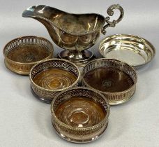 MIXED PLATED ITEMS including large EPNS sauceboat with acanthus capped scroll handle on oval