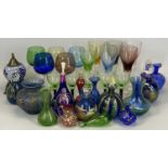 MIXED COLOURED GLASSWARE including scent bottles, paperweights, liqueur glasses and other items