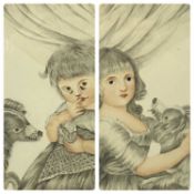 PAIR OF GEORGIAN PENCIL PORTRAITS highlighted in watercolour - children with dogs, paper watermarked