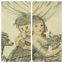 PAIR OF GEORGIAN PENCIL PORTRAITS highlighted in watercolour - children with dogs, paper watermarked