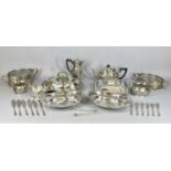 MIXED PLATED ITEMS including oval three-piece tea service with gadroon decoration, an oval entree