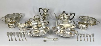 MIXED PLATED ITEMS including oval three-piece tea service with gadroon decoration, an oval entree