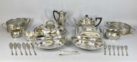 MIXED PLATED ITEMS including oval three-piece tea service with gadroon decoration, an oval entree