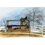 ‡ KEITH BOWEN mixed media - entitled verso, 'Amish Horse on Farmyard Deck', signed, 34 x 49cms
