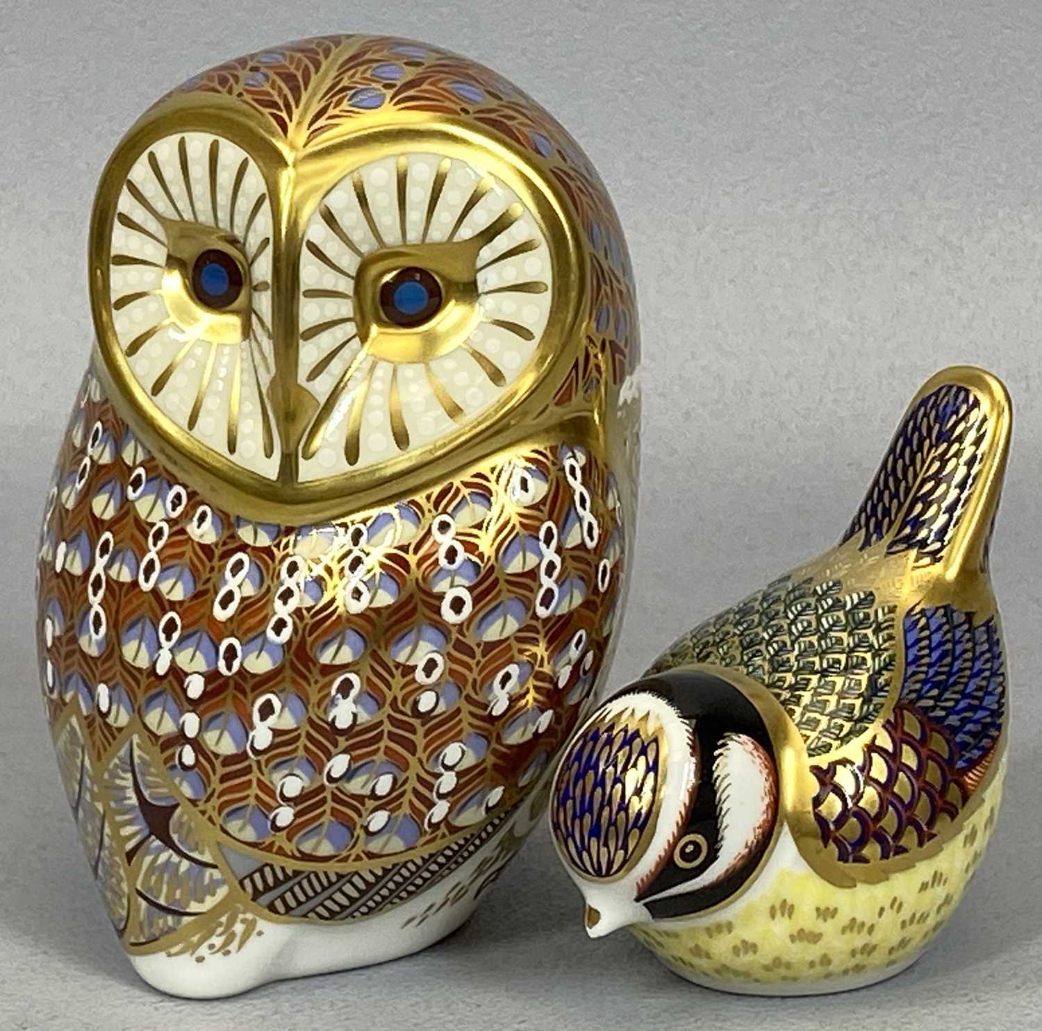TWO ROYAL CROWN DERBY PAPERWEIGHTS, large owl with gold stopper, 12cms H, and small tit with gold