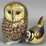 TWO ROYAL CROWN DERBY PAPERWEIGHTS, large owl with gold stopper, 12cms H, and small tit with gold