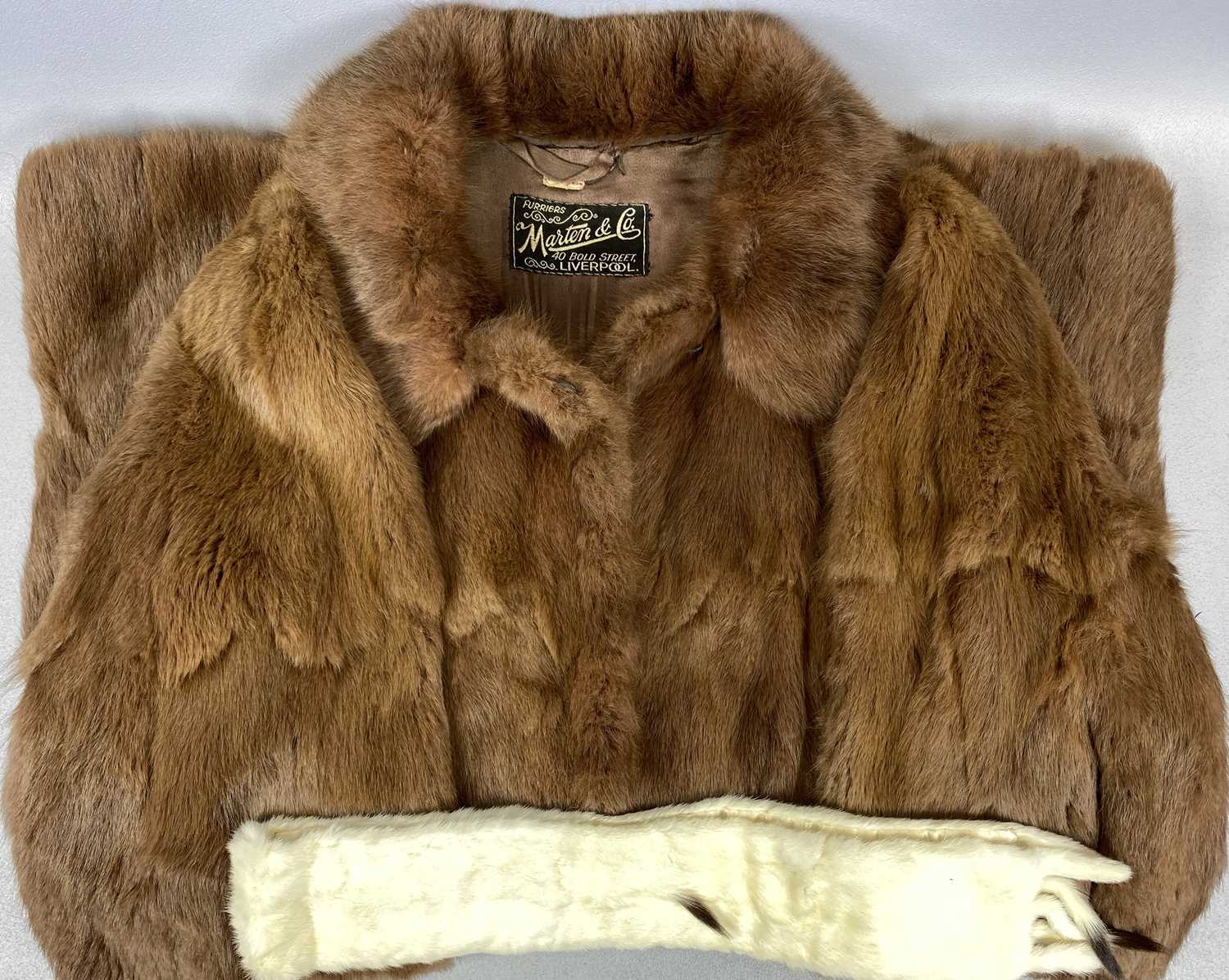 VINTAGE FUR COAT, LABEL FOR MARTIN & CO. FURRIERS LIVERPOOL, vintage Ermine fur stole and a black - Image 2 of 2