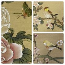 SIX CHINESE PAINTED SILK PANELS, depicting birds or butterflies on blossoming branches, each