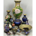 TWENTY PIECES OF MODERN CLOISONNE ORNAMENTAL WARE, some having carved wooden stands, 23.5cms H the