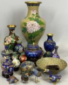 TWENTY PIECES OF MODERN CLOISONNE ORNAMENTAL WARE, some having carved wooden stands, 23.5cms H the