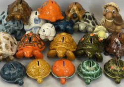 POTTERY TORTOISE MONEY BOX COLLECTION, 20 ITEMS, including a large Rye pottery example, 11.5cms H,
