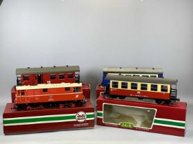 LEHMANN LGB G GAUGE FOUR-PIECE TRAIN SET, comprising a 21950 engine, 16cms H, 48cms approx. L, and 3