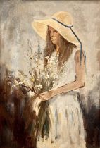 20TH CENTURY BRITISH SCHOOL oil on canvas - three-quarter length portrait of a girl wearing hat,