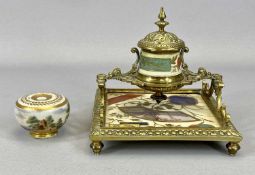 VICTORIAN ORNATE CAST BRASS INKSTAND of square form, ceramic base and inkwell decorated in the