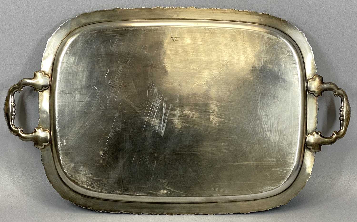 LARGE MAPPIN & WEBB SILVER PLATE ON COPPER TWO-HANDLED TEA TRAY, chased border and handles, engraved - Image 4 of 4