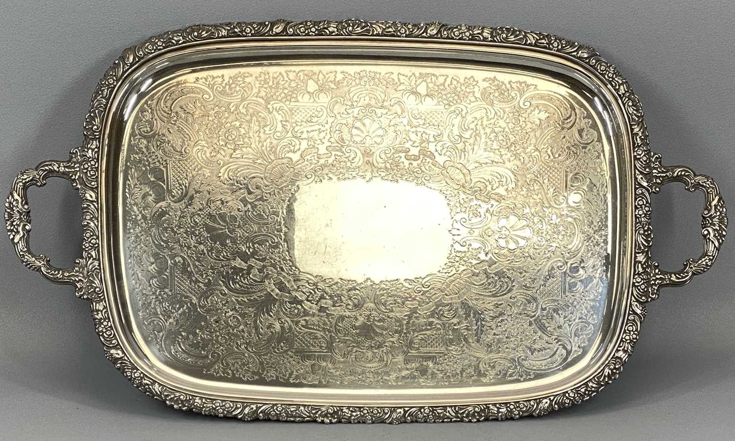 LARGE MAPPIN & WEBB SILVER PLATE ON COPPER TWO-HANDLED TEA TRAY, chased border and handles, engraved - Image 2 of 4