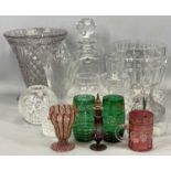 SQUARE GLASS DECANTER & STOPPER, 26cms H, heavy cut glass vase, 17cms H, cut glass water carafe