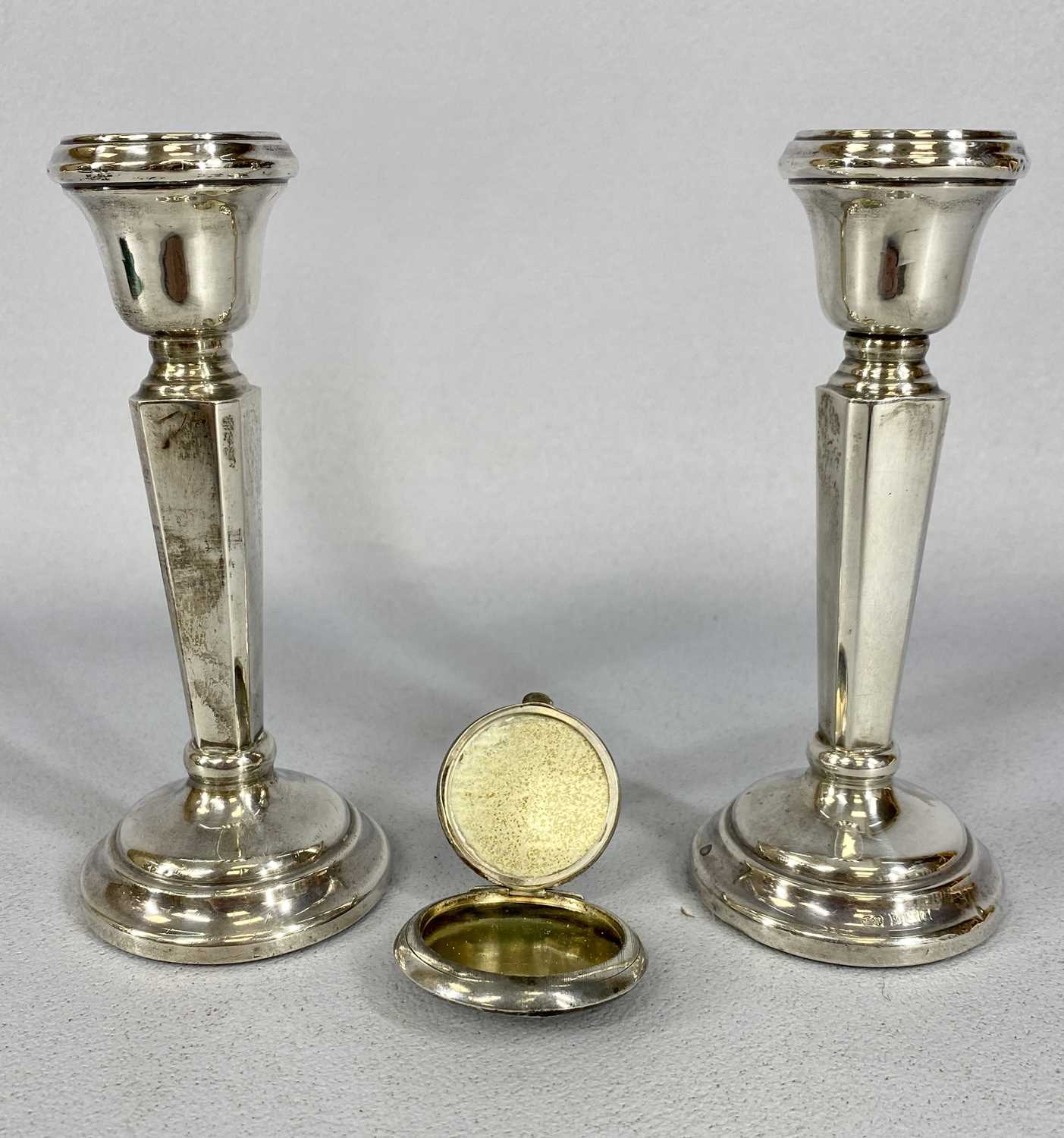 SILVER / WHITE METAL ITEMS including silver candlesticks, a pair, square tapering stems, stepped - Image 2 of 5