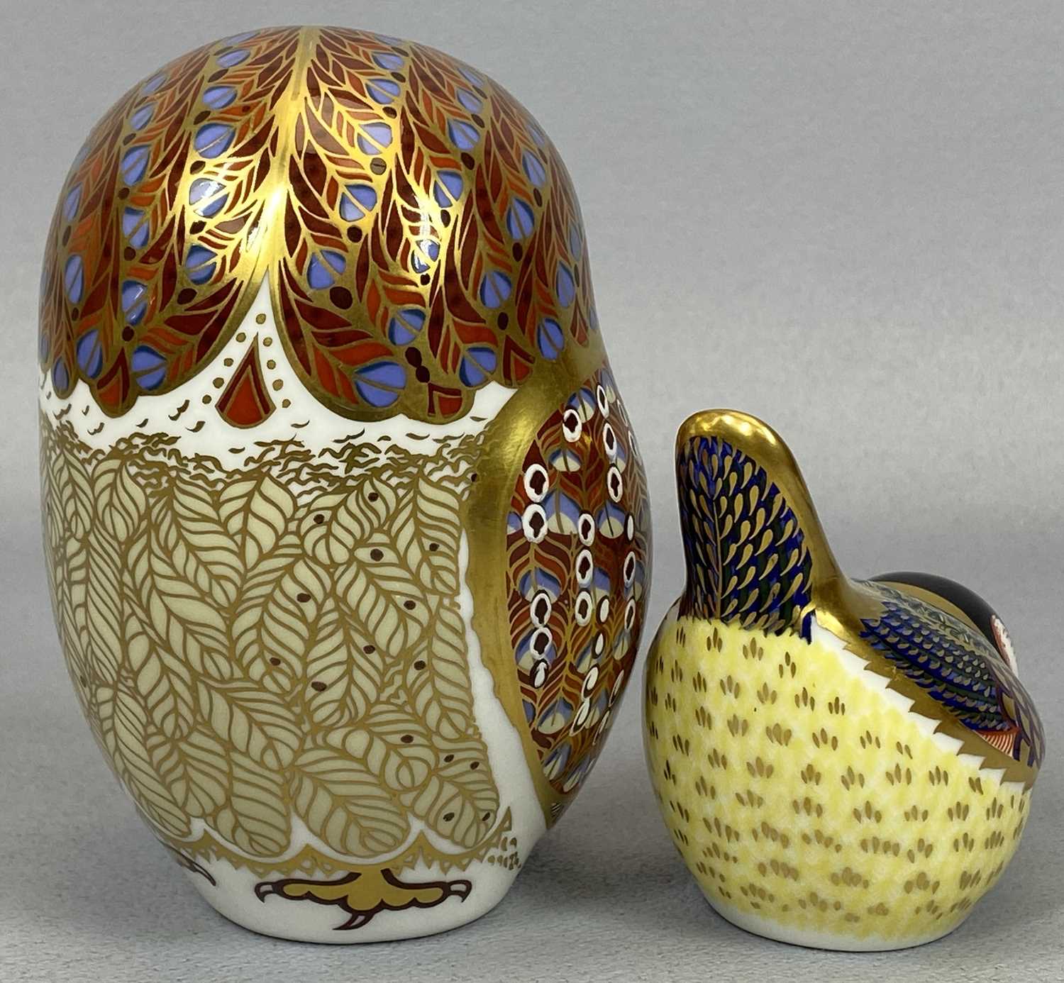 TWO ROYAL CROWN DERBY PAPERWEIGHTS, large owl with gold stopper, 12cms H, and small tit with gold - Image 2 of 2