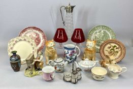 VICTORIAN & LATER POTTERY AND GLASSWARE GROUP, to include a pair of pottery seated cats, 20cms H,