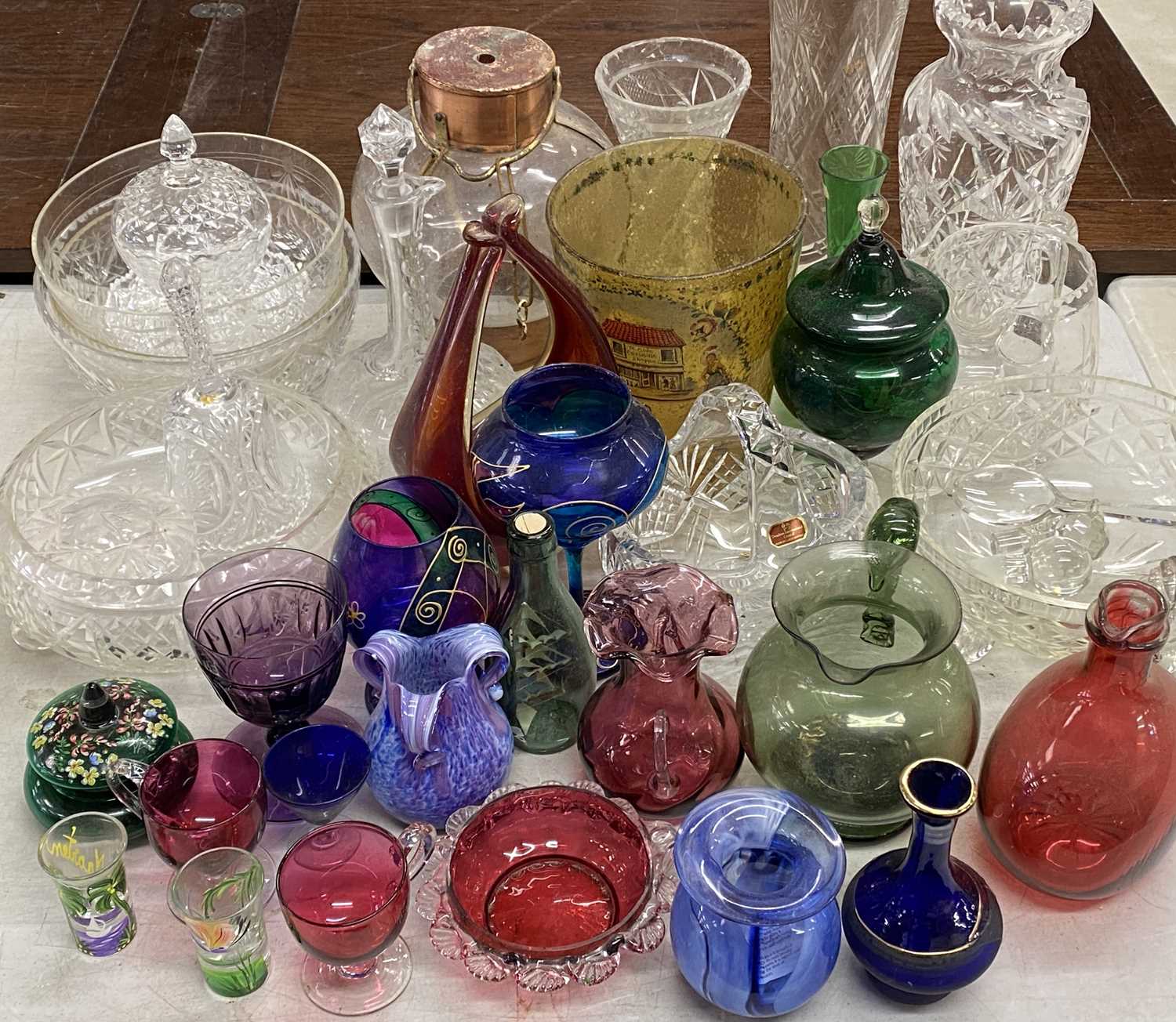 QUANTITY OF CUT GLASSWARE & COLOURED GLASSWARE including decanters, bowls, vases, and other