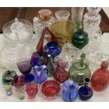 QUANTITY OF CUT GLASSWARE & COLOURED GLASSWARE including decanters, bowls, vases, and other