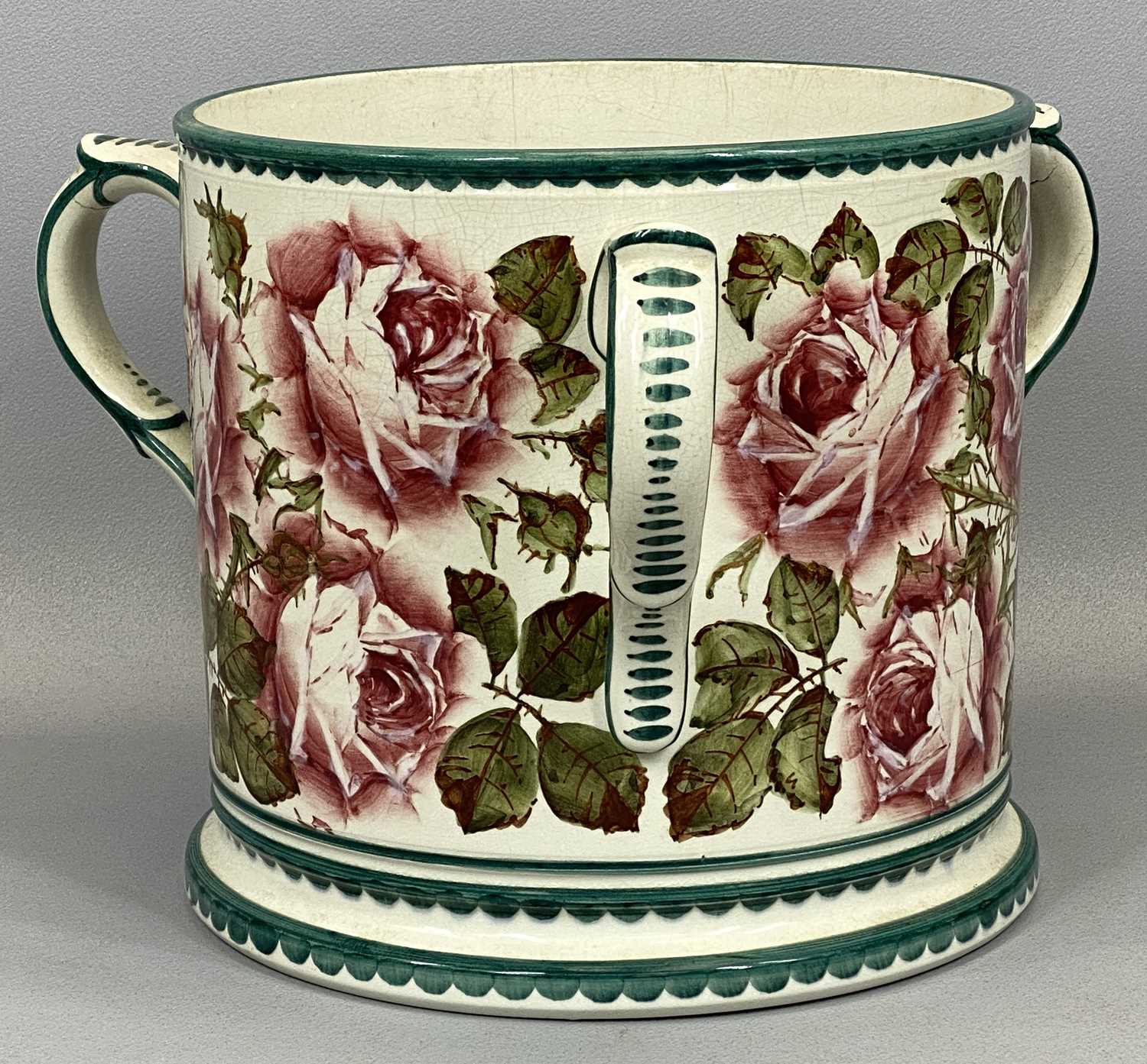 IMPRESSIVE WEMYSS TYG, of cylindrical form with three loop handles, painted all over with pink - Image 2 of 2